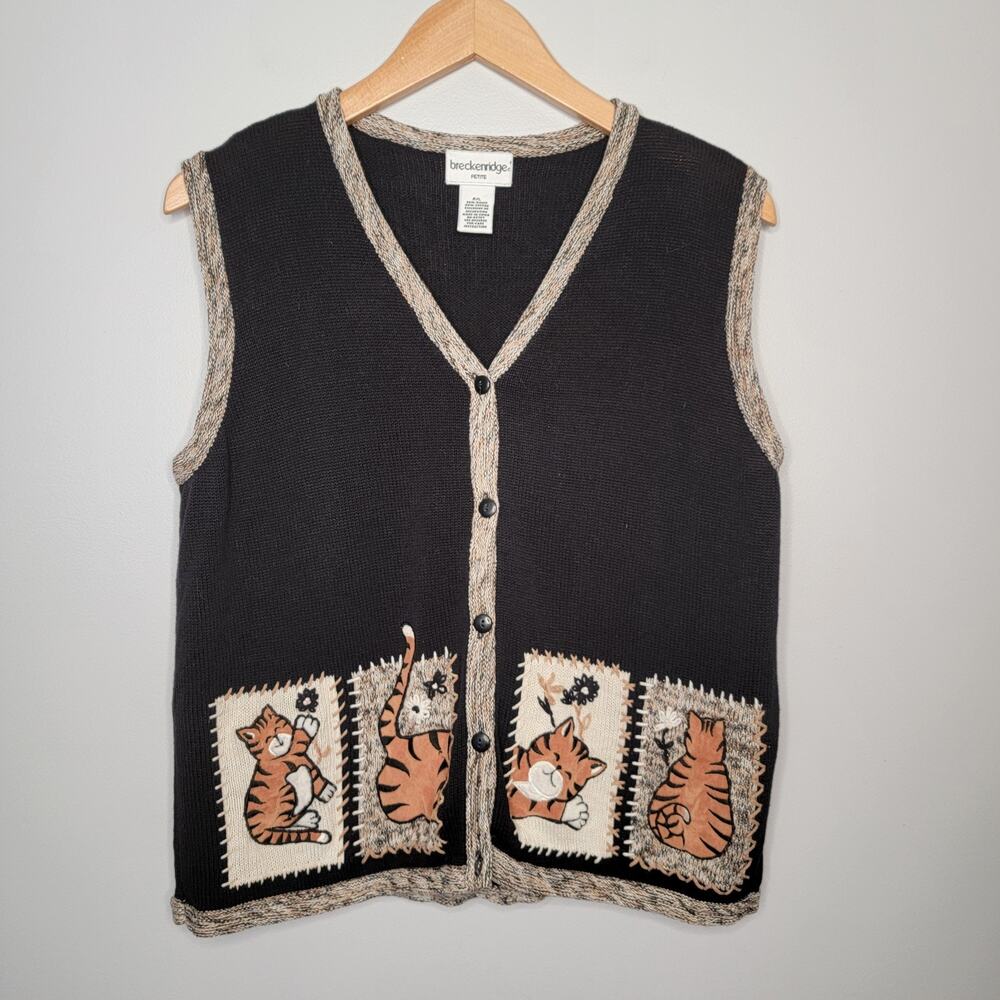 VTG Breckenridge Black Sweater Vest Orange Cats Women L Petite Cat Lady Novelty